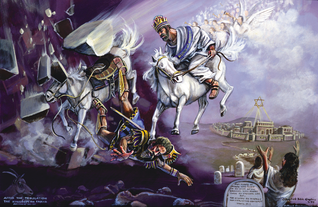 From war on earth to peace on earth, 24:1-25:46. After a time of great tribulation, the Messianic Kingdom will be restored to the nation of Israel at the Second Coming of Christ to earth.