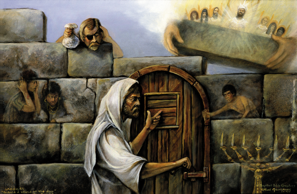 Christ is pictured as outside the door of the Laodicean church. Those inside are lukewarm and don’t seem to care. They need to be overcomers, sit and feast with Him, 2:1-3:22.