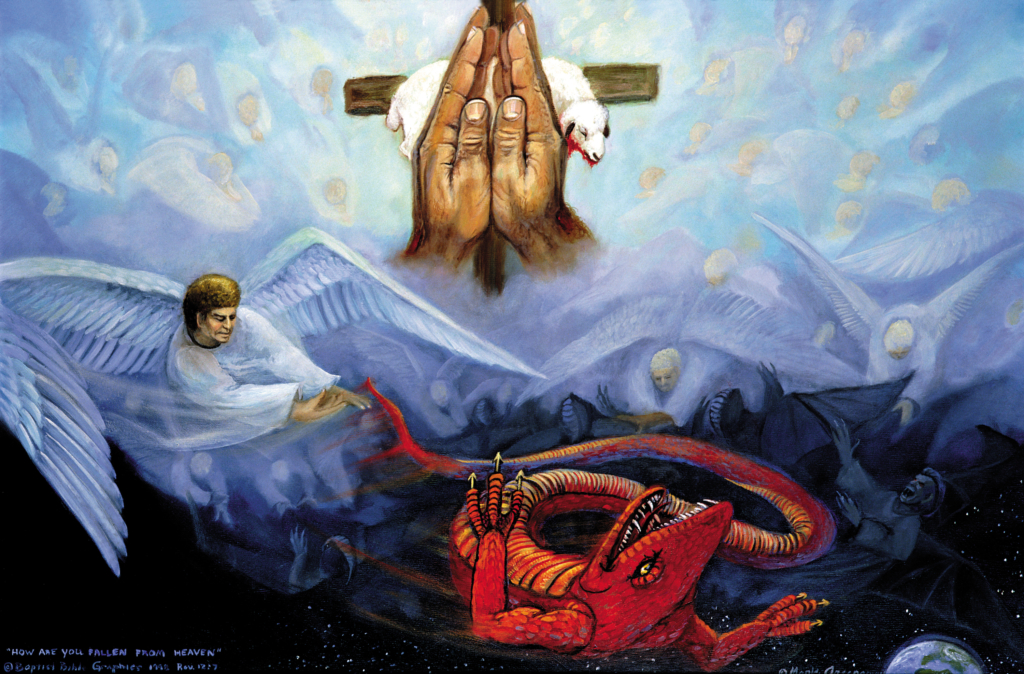 The dragon wages war in heaven against Christ as Priest. He who deceives the world and accuses the saints is now cast out of heaven by Michael, 12:7-12.